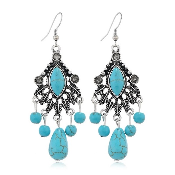 New turquoise silver beaded dangle chandelier earrings - Picture 3 of 3